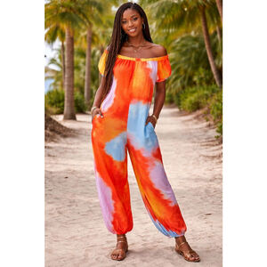 Women's STYLEWE XL Orange Blue Tie-Dye Off-Shoulder Jumpsuit